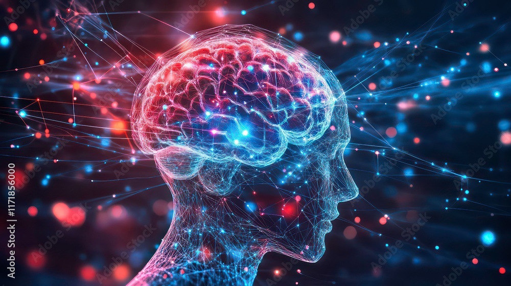 Aufkleber abstract human head with glowing brain and neural network connections.