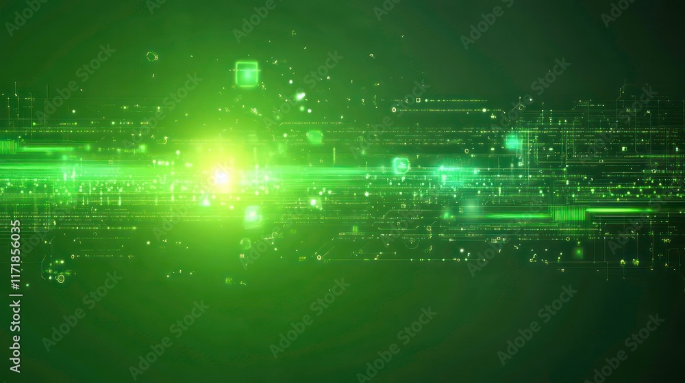 Poster abstract green digital data stream with glowing particles and light streaks.