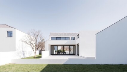 A modern minimalist house with white walls, large windows, and a spacious backyard featuring a simple landscape and a clear blue sky. Generative, AI,