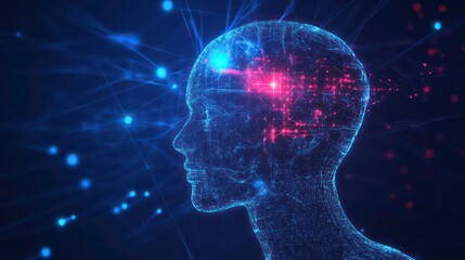 Abstract digital human head profile with glowing neural network connections.