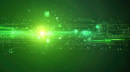 Fototapeta premium Abstract green digital data stream with glowing particles and light streaks.