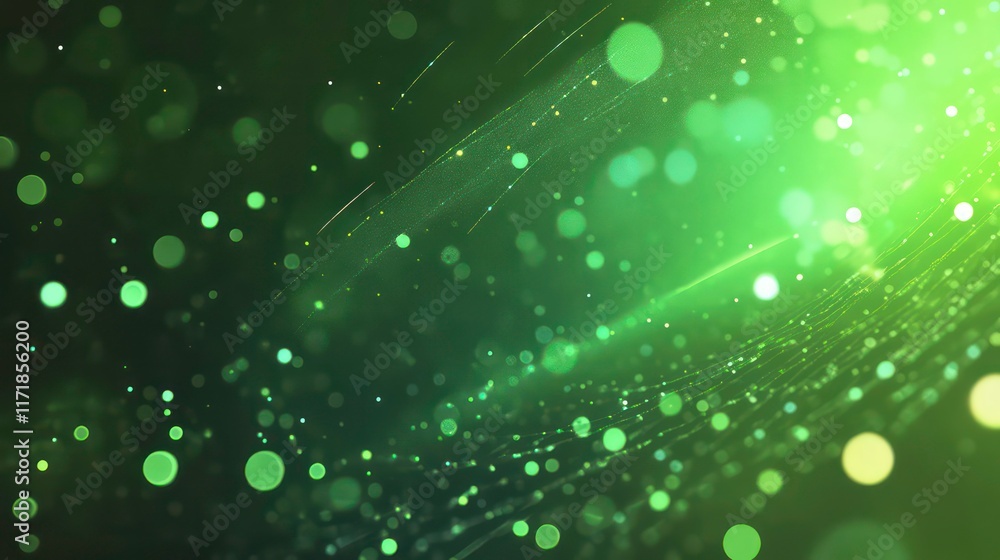 Poster abstract green bokeh background with glowing particles and light streaks.