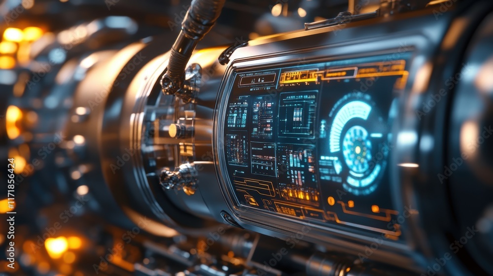 Poster illuminated by orange lights, a complex digital interface displays various parameters and readings, 