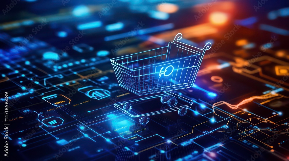 Poster digital shopping cart on circuit board, representing online shopping and e-commerce.