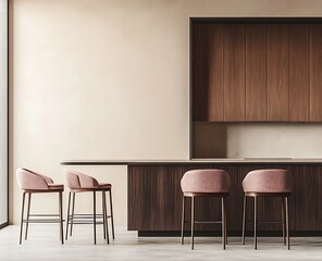 Modern kitchen interior with a bar table and chairs, in a minimalist style, with an empty wall for a mockup or artwork