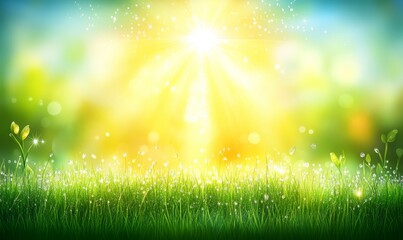Fototapeta premium A close-up of fresh green grass adorned with dew drops, shot in soft focus