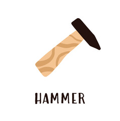 Demonstration study card of hammer in cartoon style on a white background. Work tool for home repair. Construction themed vector illustration, educational card for kindergarten, school