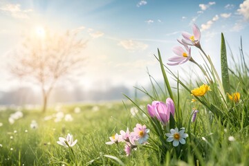 Fototapeta premium spring nature background with fresh grass and flowers against sunny sky
