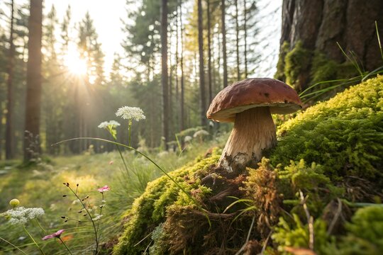 Porcini mushroom on the moss in summer sunny forest glade