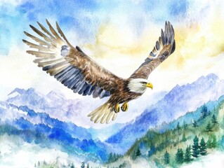 Majestic eagle in flight over serene mountain landscape watercolor