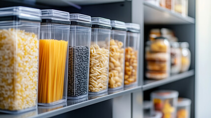 Shelves filled with labeled plastic bins for rice, pasta, and snacks, highlighting a clean and tidy pantry setup with an emphasis on accessibility.