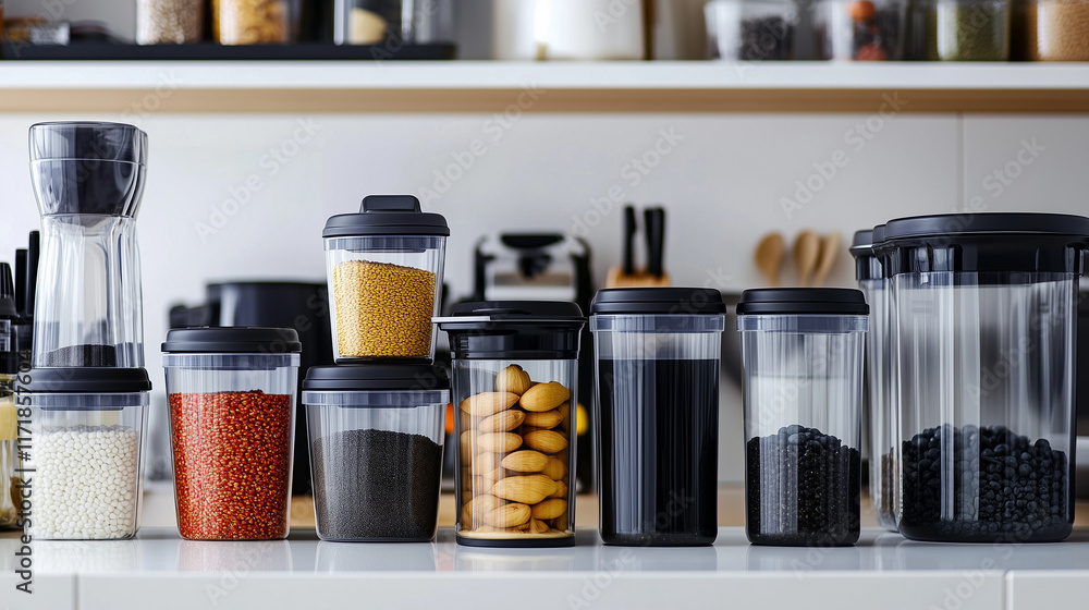 Poster an orderly pantry setup with labeled plastic containers, arranged by size and category, creating a v