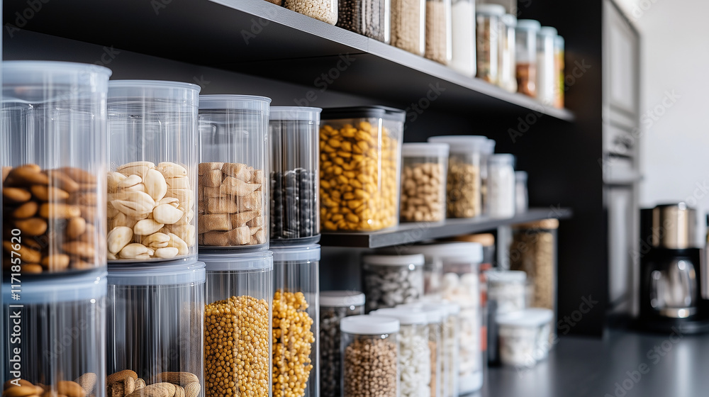 Poster an orderly pantry setup with labeled plastic containers, arranged by size and category, creating a v
