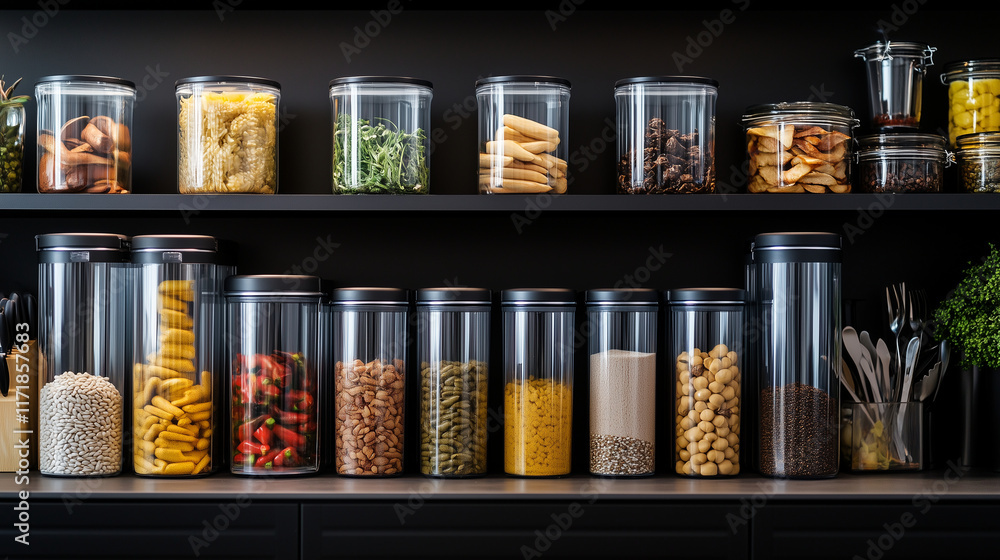 Poster an orderly pantry setup with labeled plastic containers, arranged by size and category, creating a v