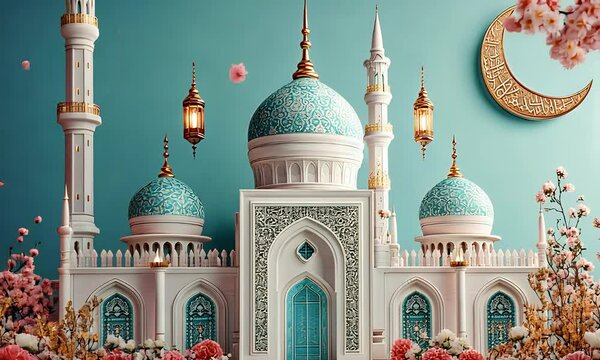 beautiful mosque 3d illustration video animation, suitable for ramadan kareem greeting