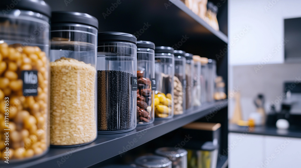 Poster a functional and tidy pantry with labeled plastic containers neatly arranged on shelves, creating a 