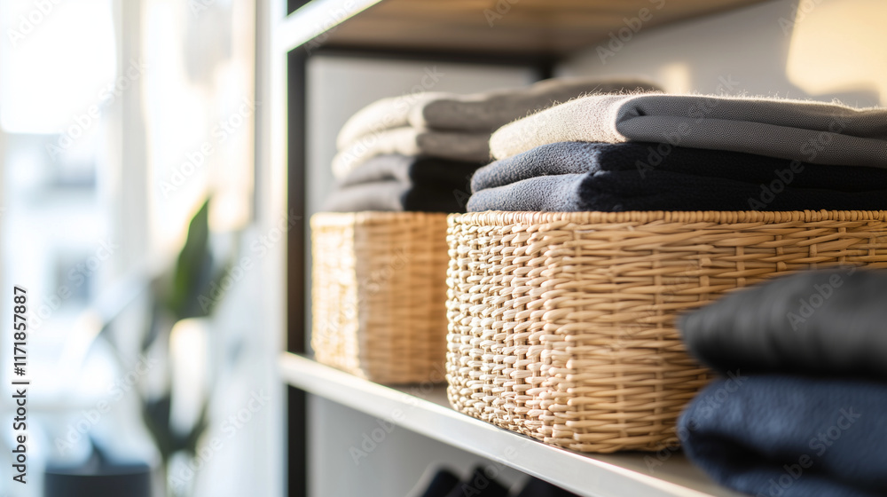 Poster modern shelves neatly organized with wicker baskets and fabric boxes, storing folded clothes and bla