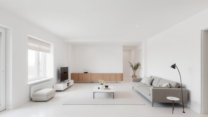 Fototapeta premium Bright minimalist living room with neutral tones, a cozy gray sofa, a white coffee table, modern decor elements, and ample natural light from large windows. Generative, AI,