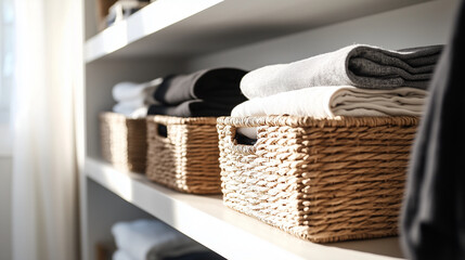 Obraz premium Modern shelves neatly organized with wicker baskets and fabric boxes, storing folded clothes and blankets in a functional and stylish home setting.