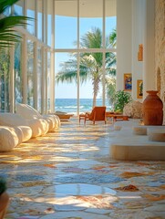 Obraz premium Luxury villa interior with beach view in Ras Al Khaimah showcasing minimalistic design and elegant materials