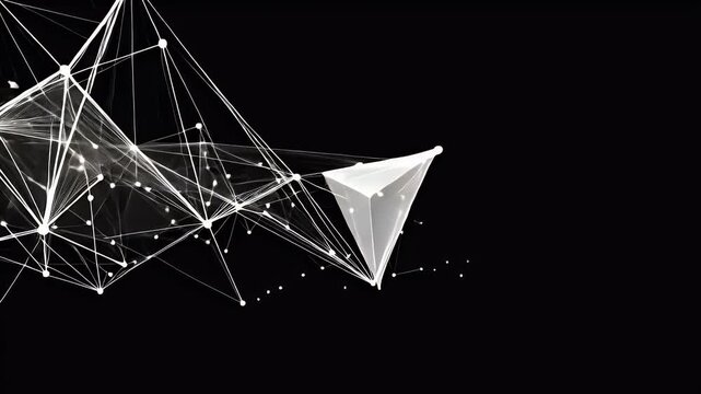 Abstract motion background of glowing white geometric shapes and lines on a black background.  Perfect for presentations, technology, science, and data visualization projects.