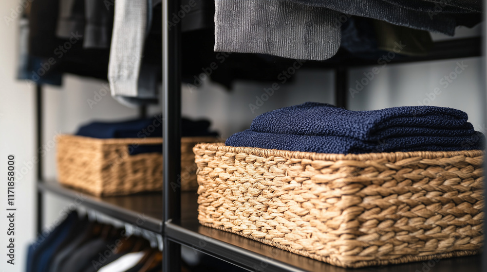Poster contemporary shelves with wicker baskets and textured fabric boxes filled with clothes and folded bl