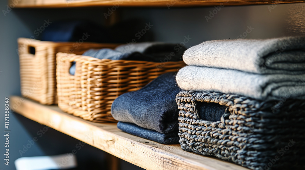 Poster a stylish and functional home storage solution with wicker baskets and fabric boxes on wooden shelve