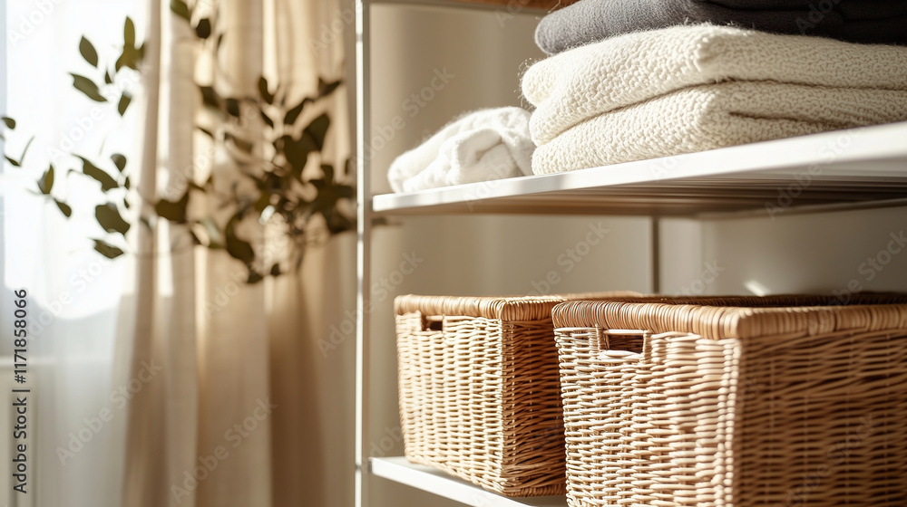 Poster shelves with a modern design holding earthy-toned wicker baskets and soft fabric boxes, creating a v
