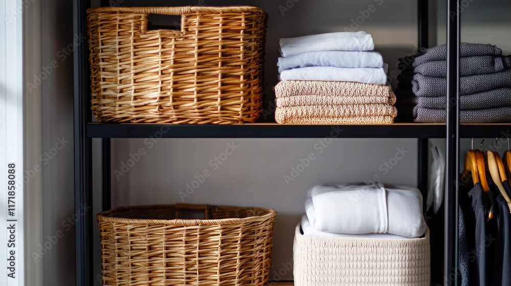 Poster shelves with a modern design holding earthy-toned wicker baskets and soft fabric boxes, creating a v