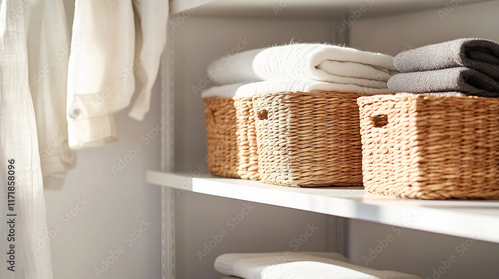 Poster shelves with a modern design holding earthy-toned wicker baskets and soft fabric boxes, creating a v