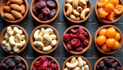 Fototapeta premium Assorted nuts, dried fruits in wooden bowls. Top view. Healthy snack collection. Almonds, cashews, dried cranberries, raisins, candied fruit. Organic food background. Variety of textures, colors.