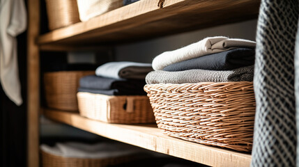 A stylish and functional home storage solution with wicker baskets and fabric boxes on wooden shelves, filled with neatly folded clothes and throws.