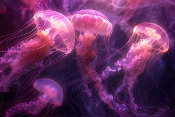 Naklejka premium Pink jellyfish are swimming in dark water, creating a mesmerizing underwater scene