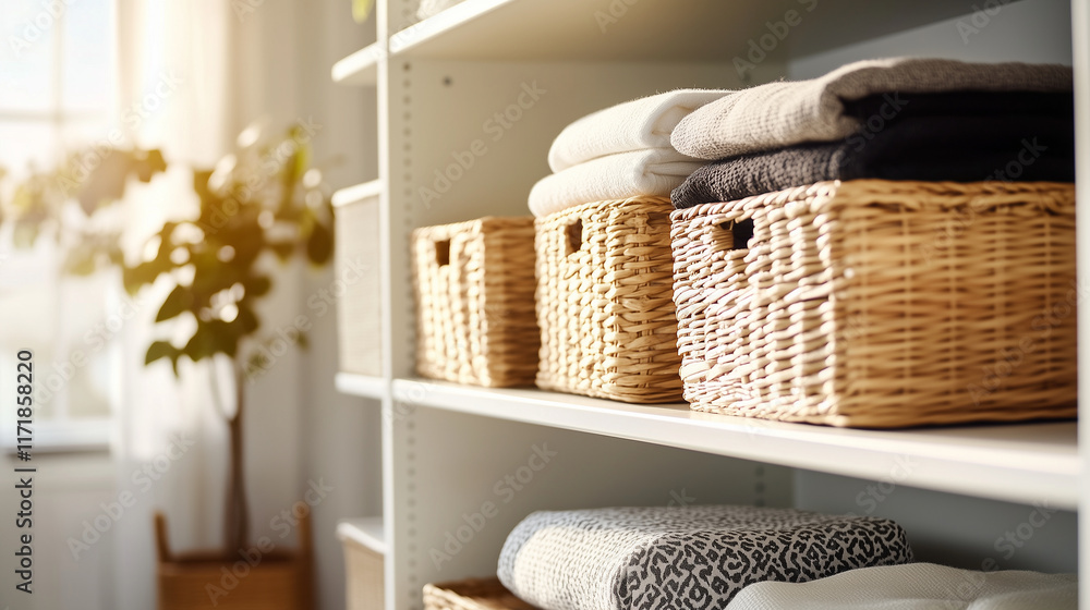 Poster a functional storage setup with shelves featuring matching wicker baskets and patterned fabric boxes
