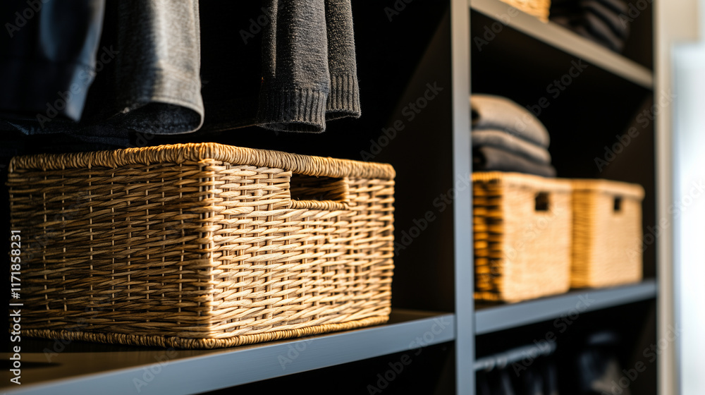 Poster modern shelves lined with wicker baskets and durable fabric boxes, arranged to store clothes and bla
