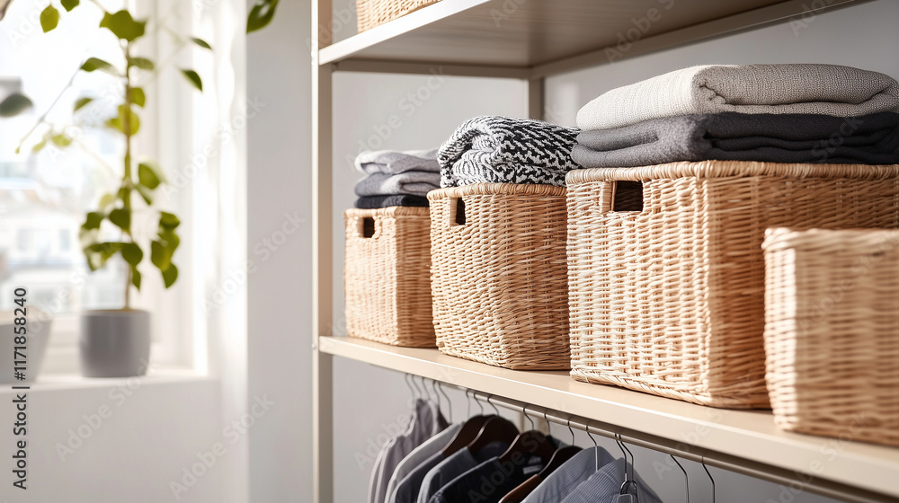 Poster a functional storage setup with shelves featuring matching wicker baskets and patterned fabric boxes