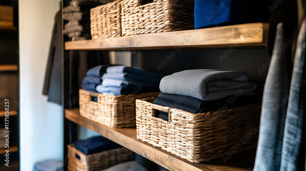Poster modern shelves lined with wicker baskets and durable fabric boxes, arranged to store clothes and bla
