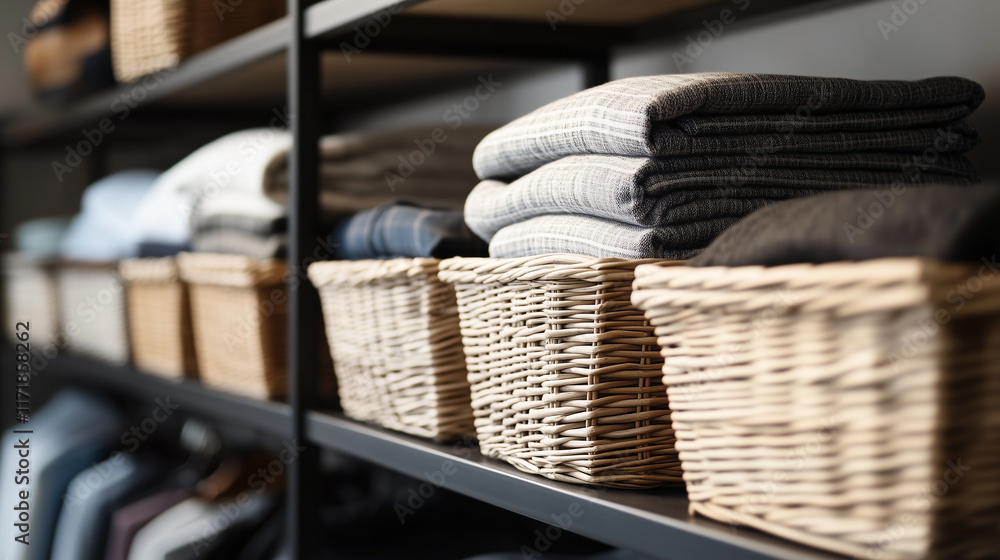 Poster a well-organized home space with shelves holding rustic wicker baskets and soft fabric storage boxes