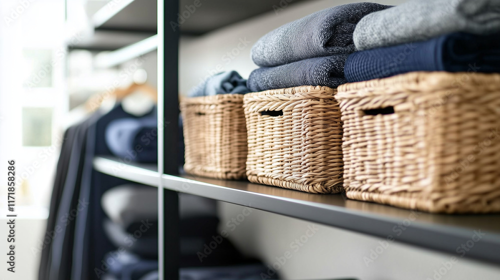 Poster a chic and functional storage corner with modern shelves filled with coordinated wicker baskets and 