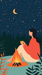Serene night camping with pastel illustration of woman by campfire in oversized sweater under starry sky