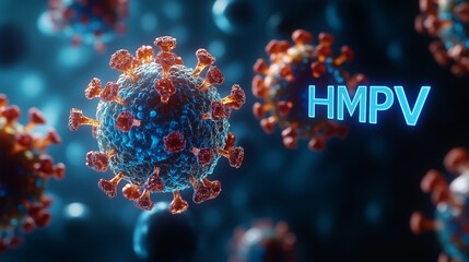 Human metapneumovirus or HMPV, virus causing upper and lower respiratory infection. 3d illustration medical imagery concept with HMPV text.