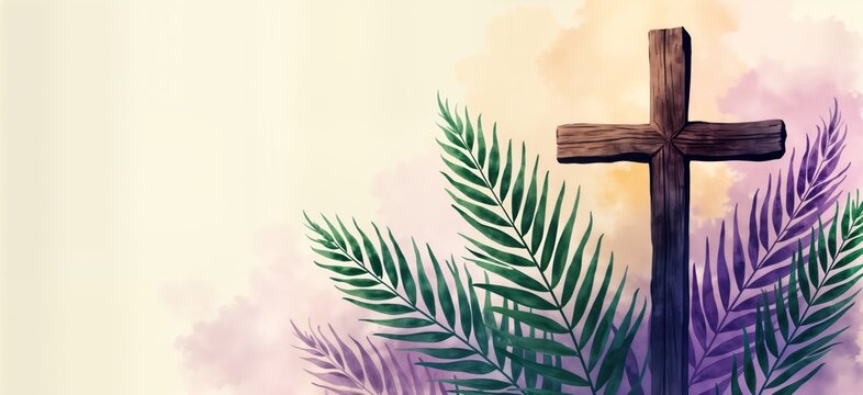 Watercolor illustration features cross, palm leaves. Religious image suitable for Easter Palm Sunday. Soft color palette evokes spiritual concepts. Background suggests serene sky. Suitable for