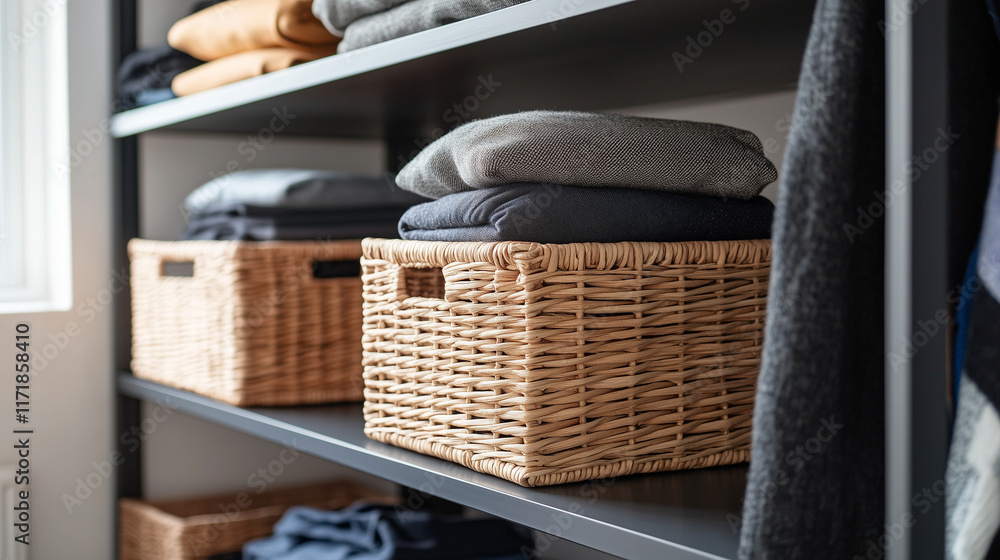 Poster a functional and elegant storage space with modern shelves featuring wicker baskets and textured fab