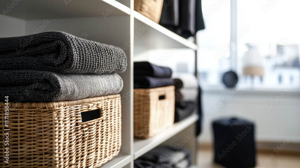 Poster a functional and elegant storage space with modern shelves featuring wicker baskets and textured fab