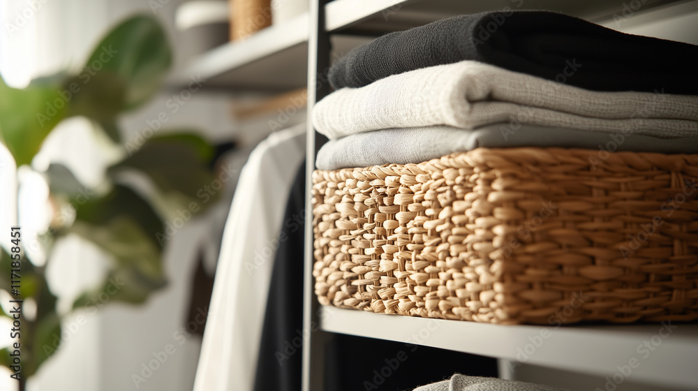 Poster a functional and elegant storage space with modern shelves featuring wicker baskets and textured fab