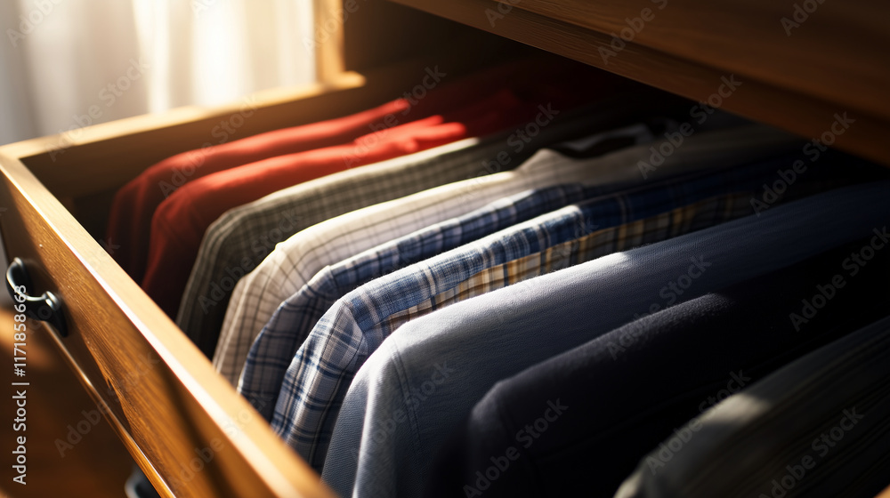Poster a tidy dresser drawer showcasing clothes folded using the konmari method, arranged by category and f