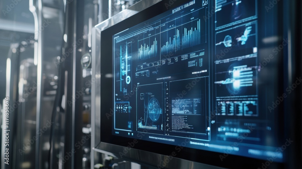 Poster futuristic screen displaying complex data analysis and statistics in a modern industrial environment