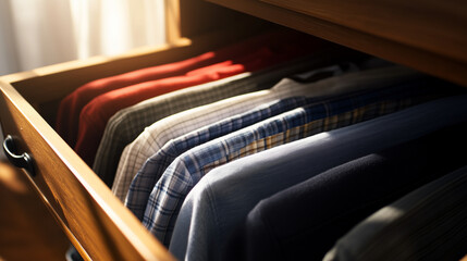 Obraz premium A tidy dresser drawer showcasing clothes folded using the KonMari method, arranged by category and flowing color palette, illustrating efficient storage.