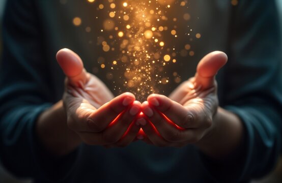 Person holds hands open. Spiritual light sparkles between cupped hands. Image conveys hope, devotion. Religious theme. Focus on faith, spiritual connection. Concept of receiving blessings. Person