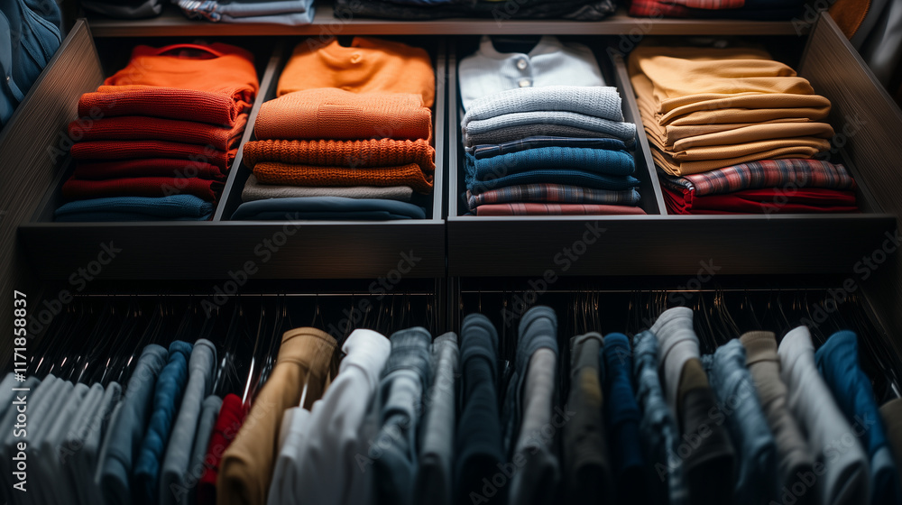 Poster an overhead view of drawers with clothes folded into compact sections, organized by type and flowing
